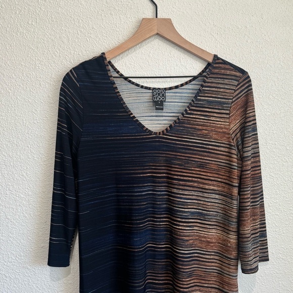 Ciara Sun Woo Womens Small Striped Two Toned Blue Tan Artsy Tunic Top Longlined - Picture 2 of 6